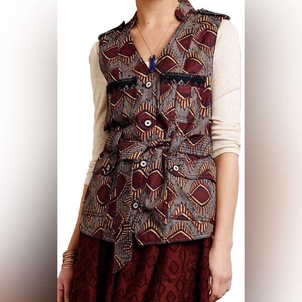 Anthropologie Elevenses NWOT Geo Safari Vest Sz S $138 Matching Skirt Ikat Fall